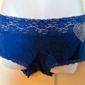 Victoria's Secret Royal Blue Lace-Trim Boyshorts with Rhinestone Heart